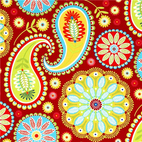 red Michael Miller fabric Gypsy Paisley big flowers 1