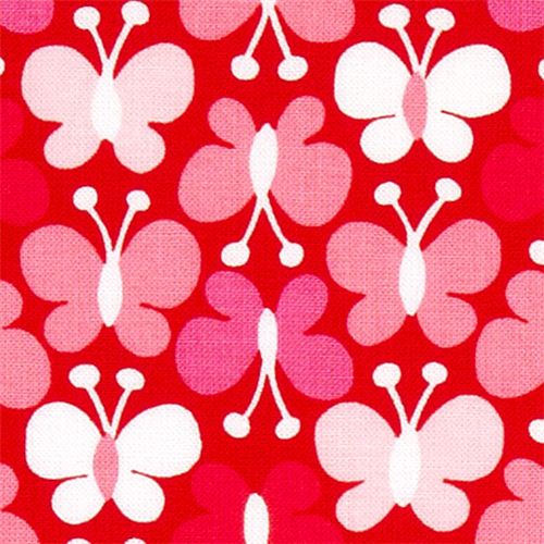 Tessuto rosso di Michael Miller con farfalle rosa Tessuto