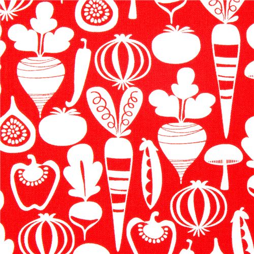 Tessuto rosso di Michael Miller con piccole verdure Tessuto