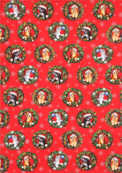 red Robert Kaufman wreath cat fabric Christmas Pets - modeS4u