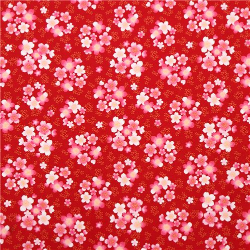 red Sakura Asia fabric with orange-white cherry blossom Fabric by ...