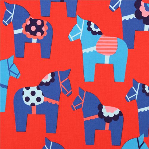 red Swedish Dala horses tissu srie animaux Kokka Japan 1