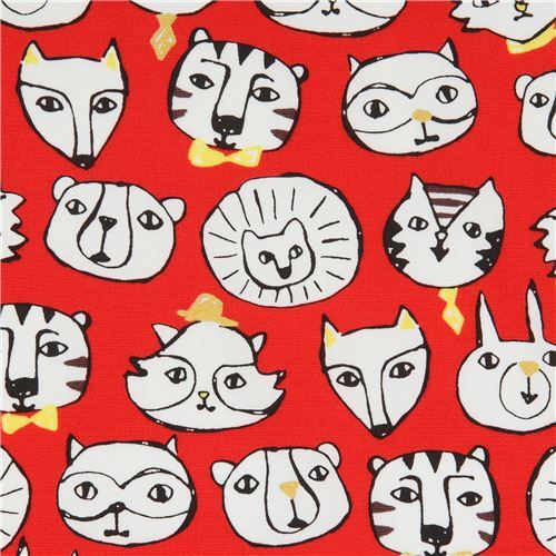 red and metallic gold oxford fabric with wild animal faces by Kokka from Japan Fabric