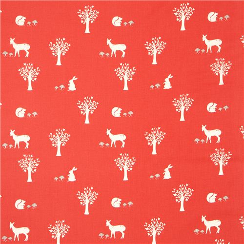 red birch organic fabric with squirrels, rabbits and bambis 2
