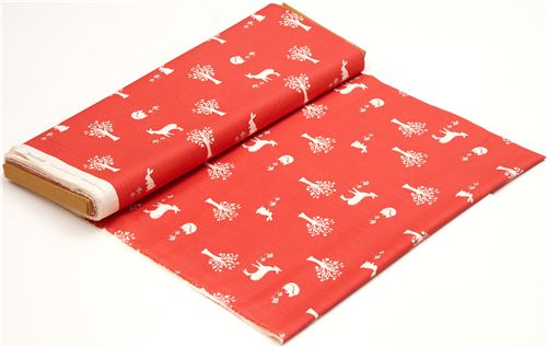 red birch organic fabric with squirrels, rabbits and bambis 3