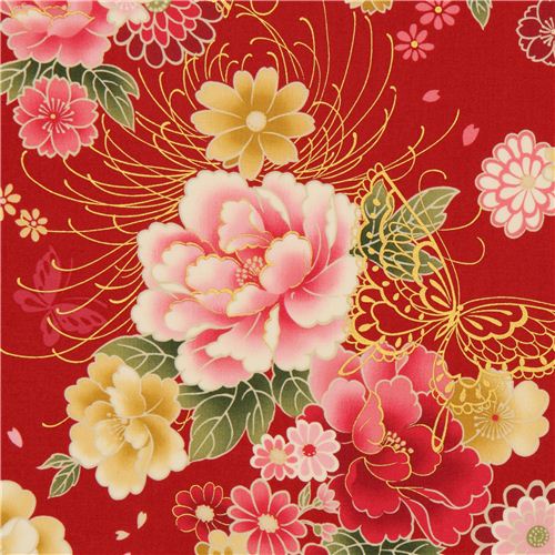 red butterfly and flower fabric with gold by Kokka Fabric by Kokka ...
