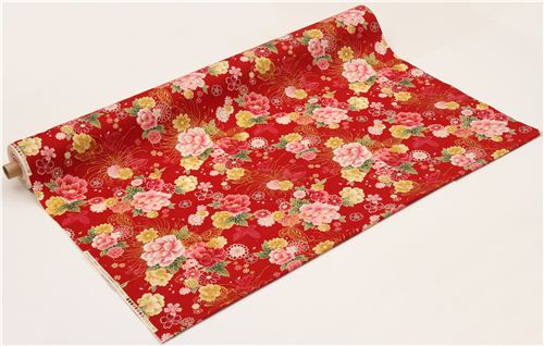 roter Schmetterling und Blumen Stoff mit Gold von Kokka 3