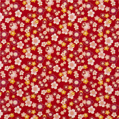 red cherry blossom flower poplin fabric by Kokka 2