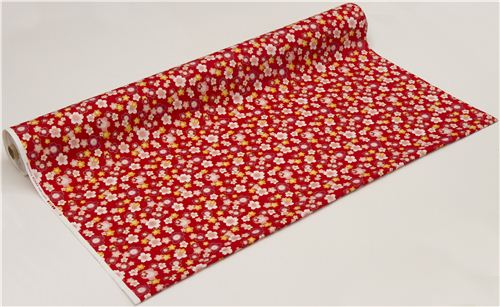red cherry blossom flower poplin fabric by Kokka 3