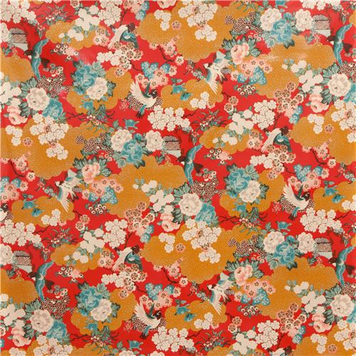 red colorful flower bird silver metallic laminate fabric from Japan ...