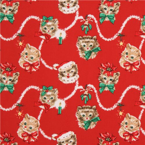 red cute tinsel kitten bow fabric by Michael Miller USA - modeS4u