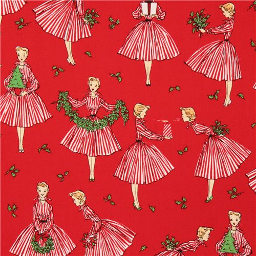 red fabric Christmas woman holly by Michael Miller Fabric by Michael ...