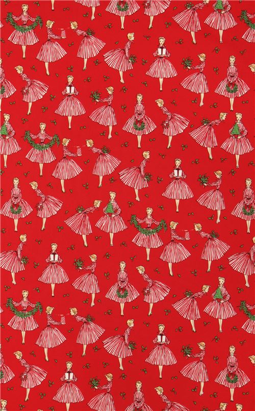 red fabric Christmas woman holly by Michael Miller 2
