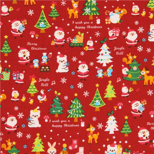 Linda tela roja de Navidad con Santa Claus árbol conejito ciervo