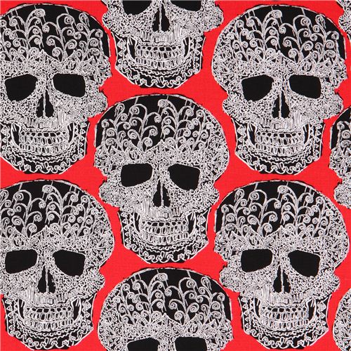 Tissu rouge avec des crânes noirs & blancs « Skull of Rock » par Michael Miller  Tissu