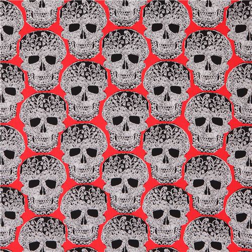 red fabric with black white Skulls 'Skull of Rock' Michael Miller  2