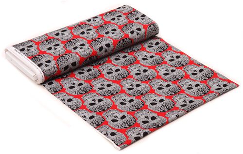 red fabric with black white Skulls 'Skull of Rock' Michael Miller  3