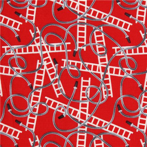 Tissu Robert Kaufman rouge, échelles et tuyaux de pompiers Tissu