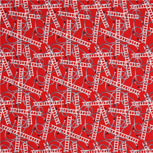 red fire brigade fire hose and ladder fabric Robert Kaufman 2