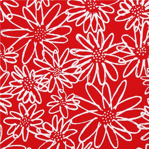 red flower blossom sketch fabric Lipstick Robert Kaufman USA Fabric by