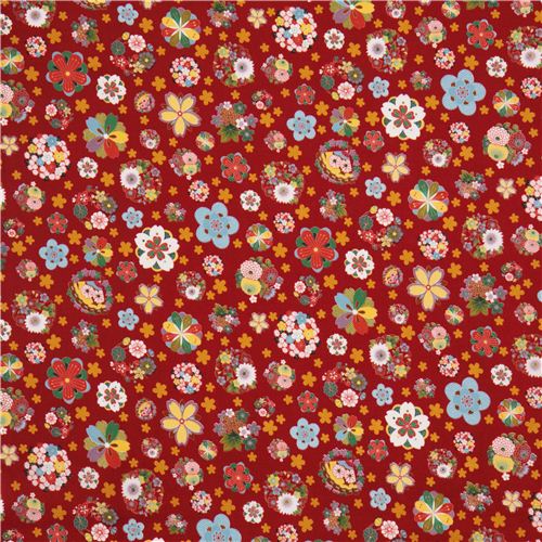 red flower bouquet Asia cotton fabric from Japan by Japanese Indie