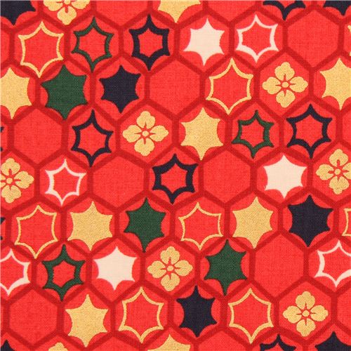 red flower hexagon star burst fabric with gold metallic from Japan 1