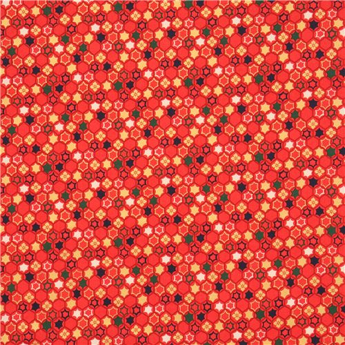 red flower hexagon star burst fabric with gold metallic from Japan 2