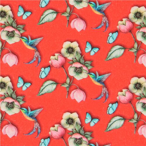 Tissu rouge avec des colibris et des fleurs Tissu