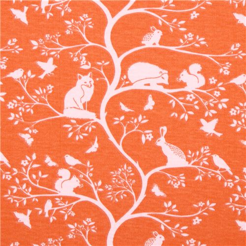 Tissu jersey bio extensible orange Evening par monaluna, animaux de la forêt Tissu
