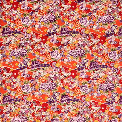 red-orange Asia flower Kokka fabric from Japan 2