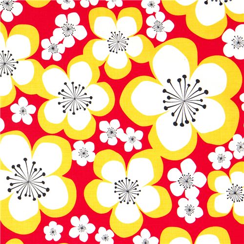 red organic fabric white flowers blossom Robert Kaufman 1
