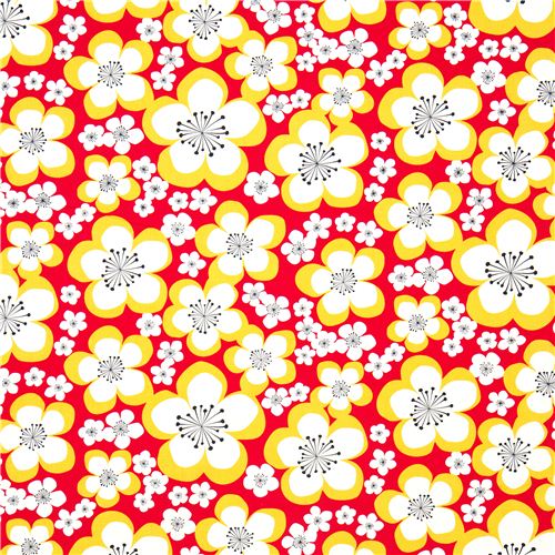 red organic fabric white flowers blossom Robert Kaufman 2