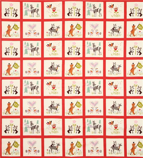red patchwork forest animal birch organic fabric deer USA Fabric by