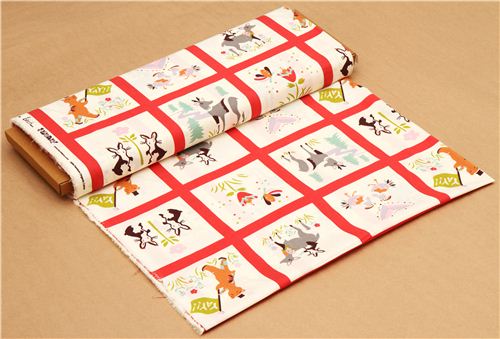 red patchwork forest animal birch organic fabric deer USA 3