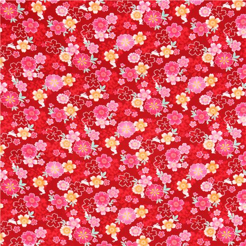 red patterned Asia flower poplin fabric from Japan - Flower Fabric ...