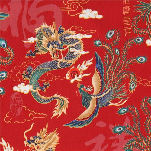 Remnant (46 x 112 cm) - red phoenix and dragon fabric by Trans-Pacific Textiles 3