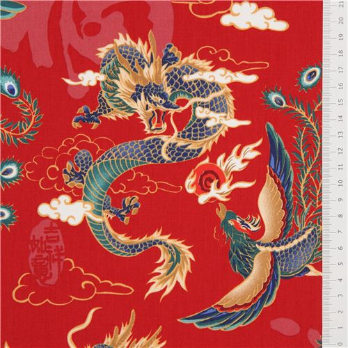 Remnant (46 x 112 cm) - red phoenix and dragon fabric by Trans-Pacific ...