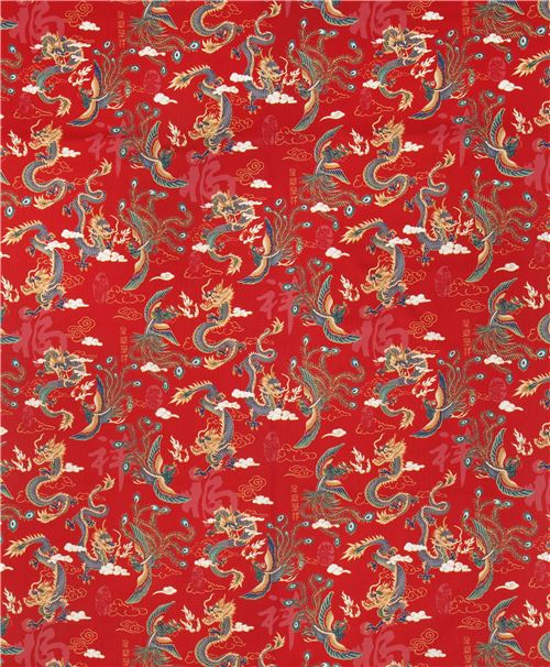 Remnant (46 x 112 cm) - red phoenix and dragon fabric by Trans-Pacific ...