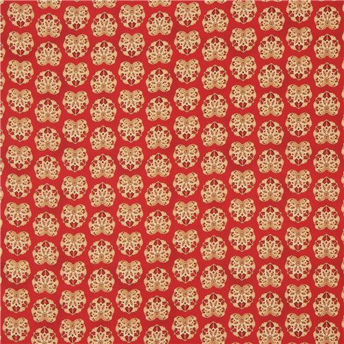 red pretty leaf ornament design gold metallic fabric Robert Kaufman