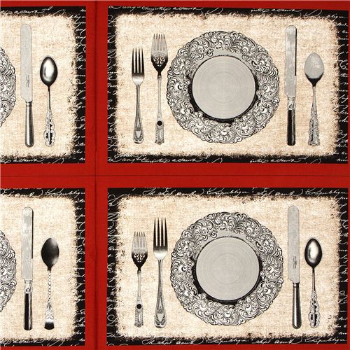 red retro place setting fabric plate cutlery Michael Miller 1