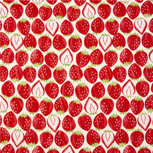 Remnant (11 x 110 cm) - red strawberry cotton oxford fabric by Kokka ...