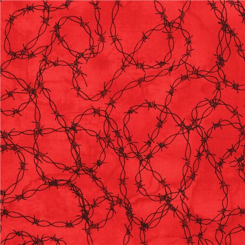 Remnant (16 x 112 cm) - red with black barbed wire fabric Barbed Wire ...