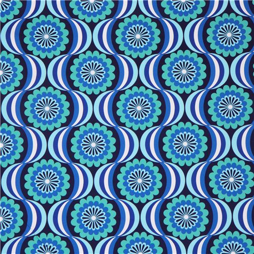retro flower canvas fabric blue Robert Kaufman 2