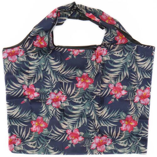 reusable shopping bag in navy blue with topical hibiscus flowers - modeS4u
