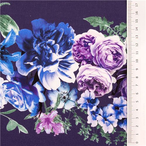Tela violeta intenso con franja 28cm de flores primaverales peonías azules  USA - modesS4u