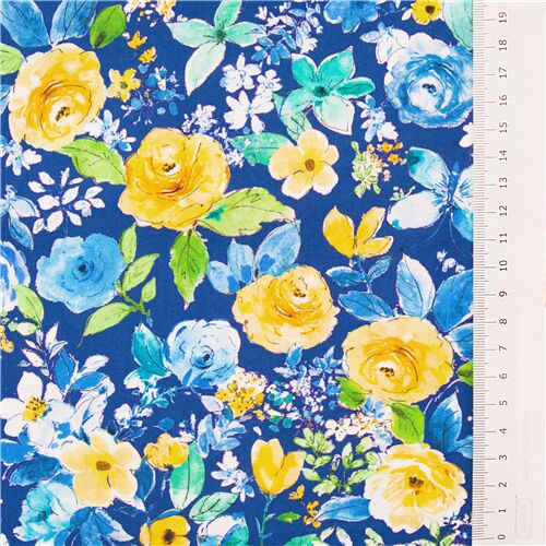 Tela algodón azul con rosas de Michael Miller amarillas y azules en plena  flor - modesS4u