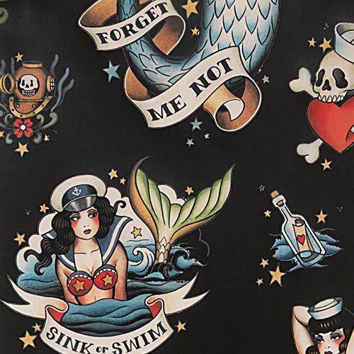 Remnant 30 X 112 Cm Sailor Fabric In Black With Mermaid Pin Ups By Alexander Henry Modes4u 6645