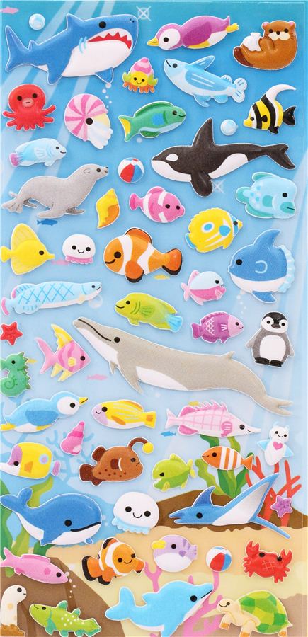 sea animal puffy sponge glitter stickers and sticker book from Japan ...