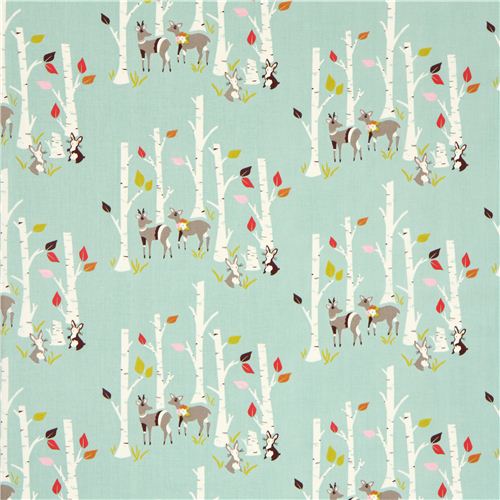 sea green forest animal birch organic fabric deer rabbit USA Fabric by ...
