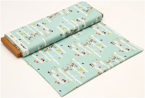sea green forest animal birch organic fabric deer rabbit USA 3